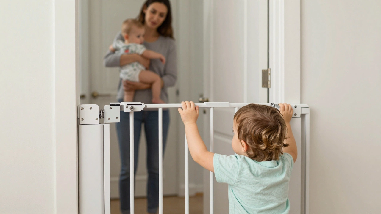 Toddlers trying and failing to open a snap gate while parent watches nearby