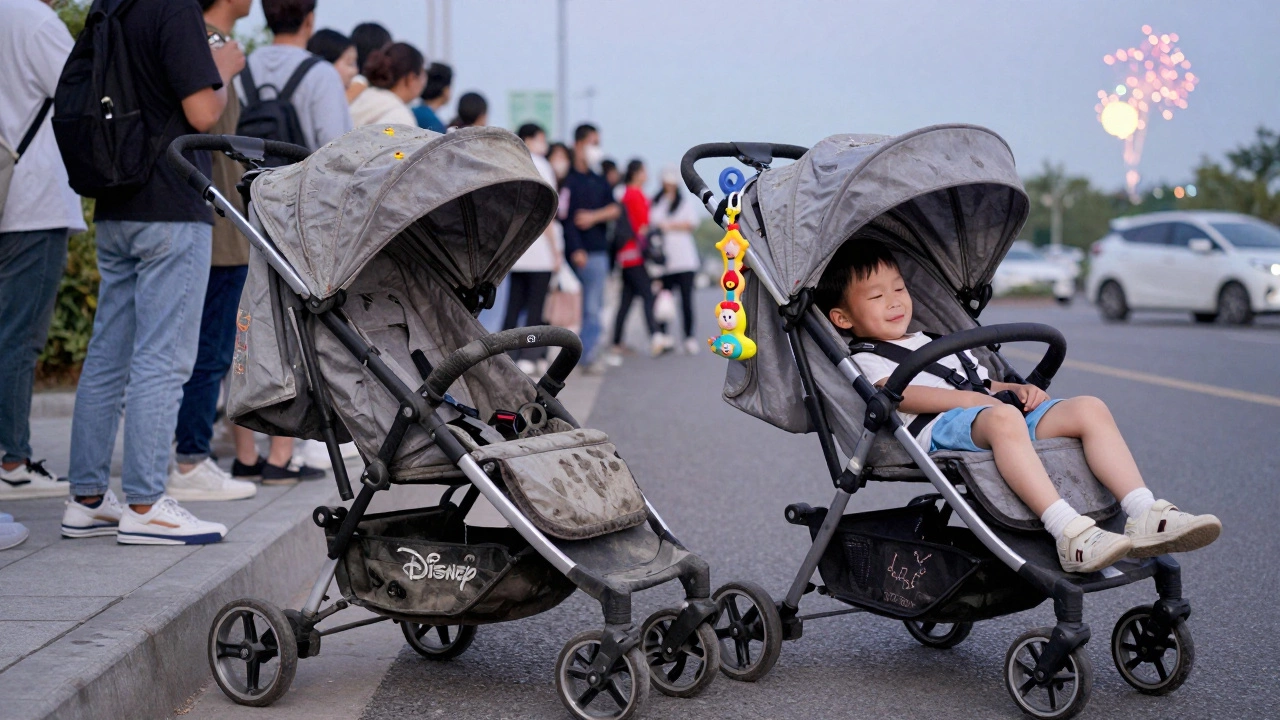 A broken Disney rental stroller next to a well-equipped personal stroller with a child resting inside, symbolizing smart preparation.