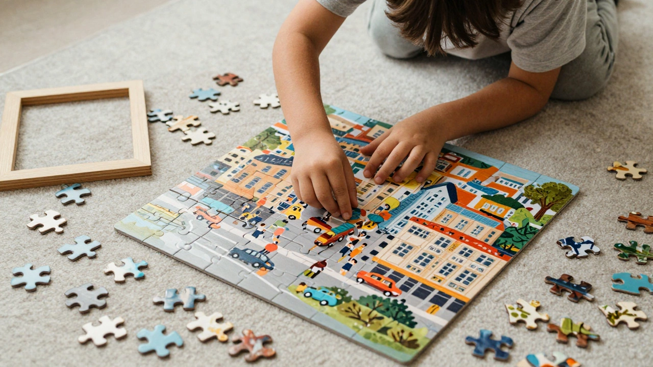 A child solving a puzzle of a city scene with no reference image visible.