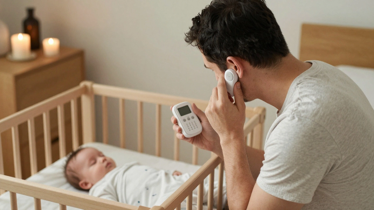 A father listening to his sleeping baby through a simple analog baby monitor in a quiet nursery.