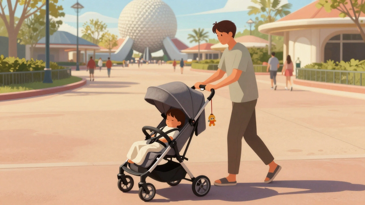 A parent pushing a lightweight jogging stroller with a sleeping child along a sunny path at Epcot, toy dangling from the handle.