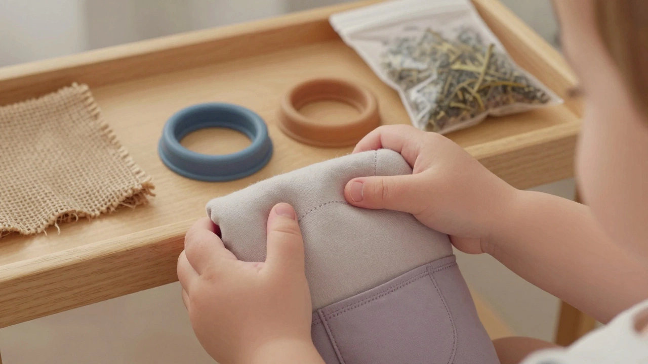 A toddler's hands squeezing a weighted fabric cylinder with natural fibers and a lavender scent pocket.