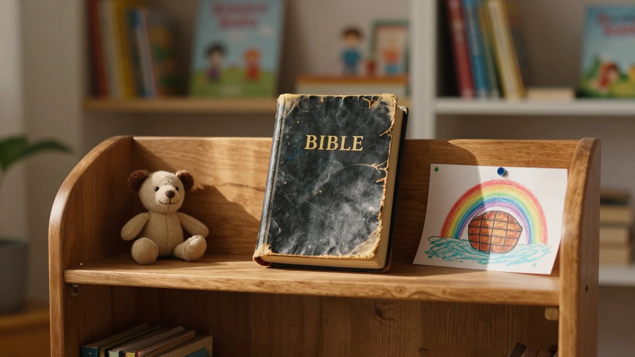 A worn children's Bible on a shelf beside a child's drawing and stuffed animal, bathed in afternoon sun.