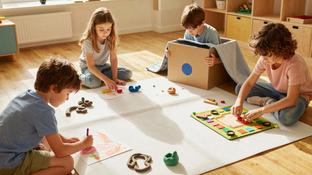 Children engaged in creative play with art supplies, cardboard, and a board game.
