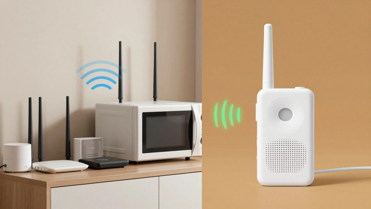 Comparison of a Wi-Fi monitor with interference versus a clean analog signal in a home environment.