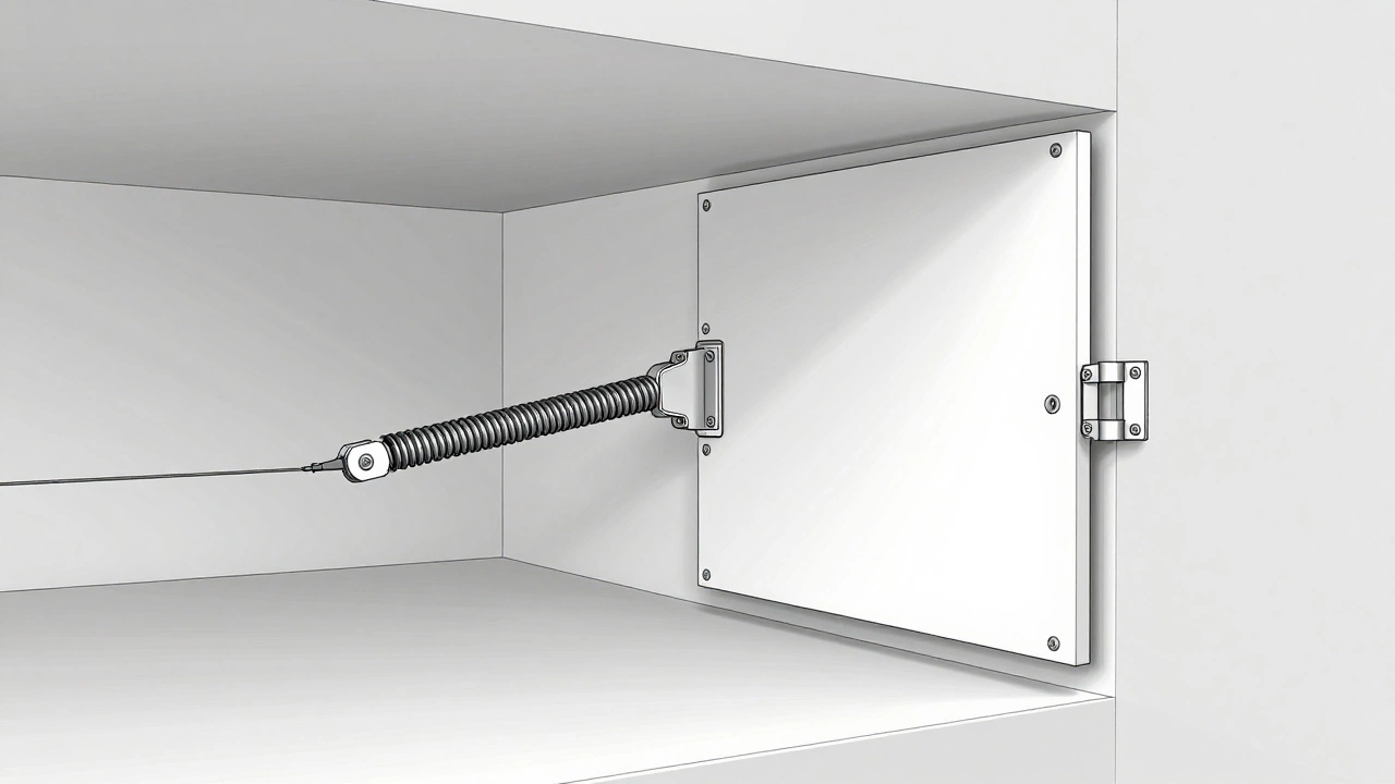 Cross-section view showing the tension mechanism and hinge of a mast gate for child safety.