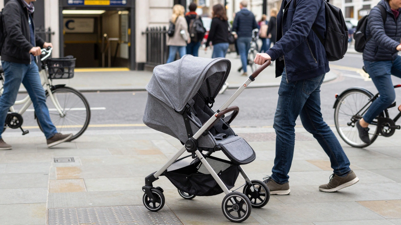 Parent folding an UPPAbaby CRUZ stroller into a compact unit on a busy London street, surrounded by commuters.