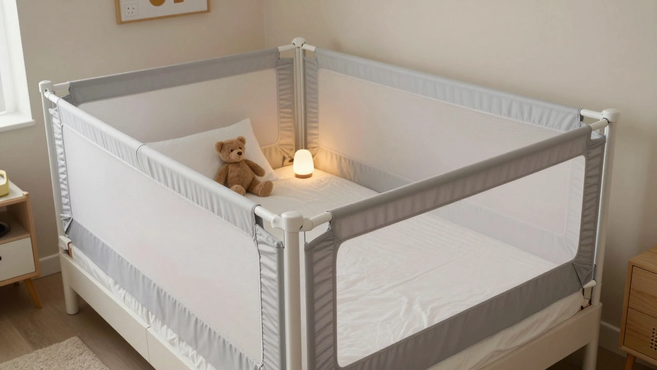 Safe toddler bed with guardrails and floor mattress in childproofed room