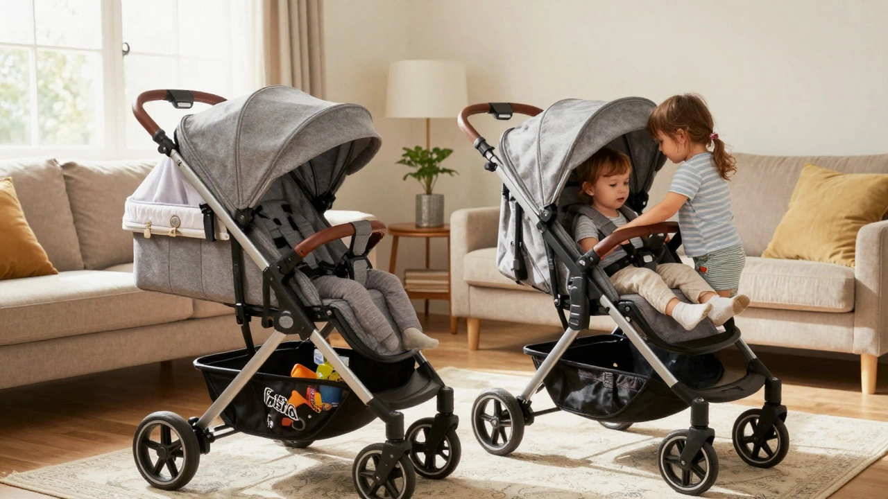 UPPAbaby VISTA stroller converted for three children, with bassinet, main seat, and piggyback board in a sunlit living room.