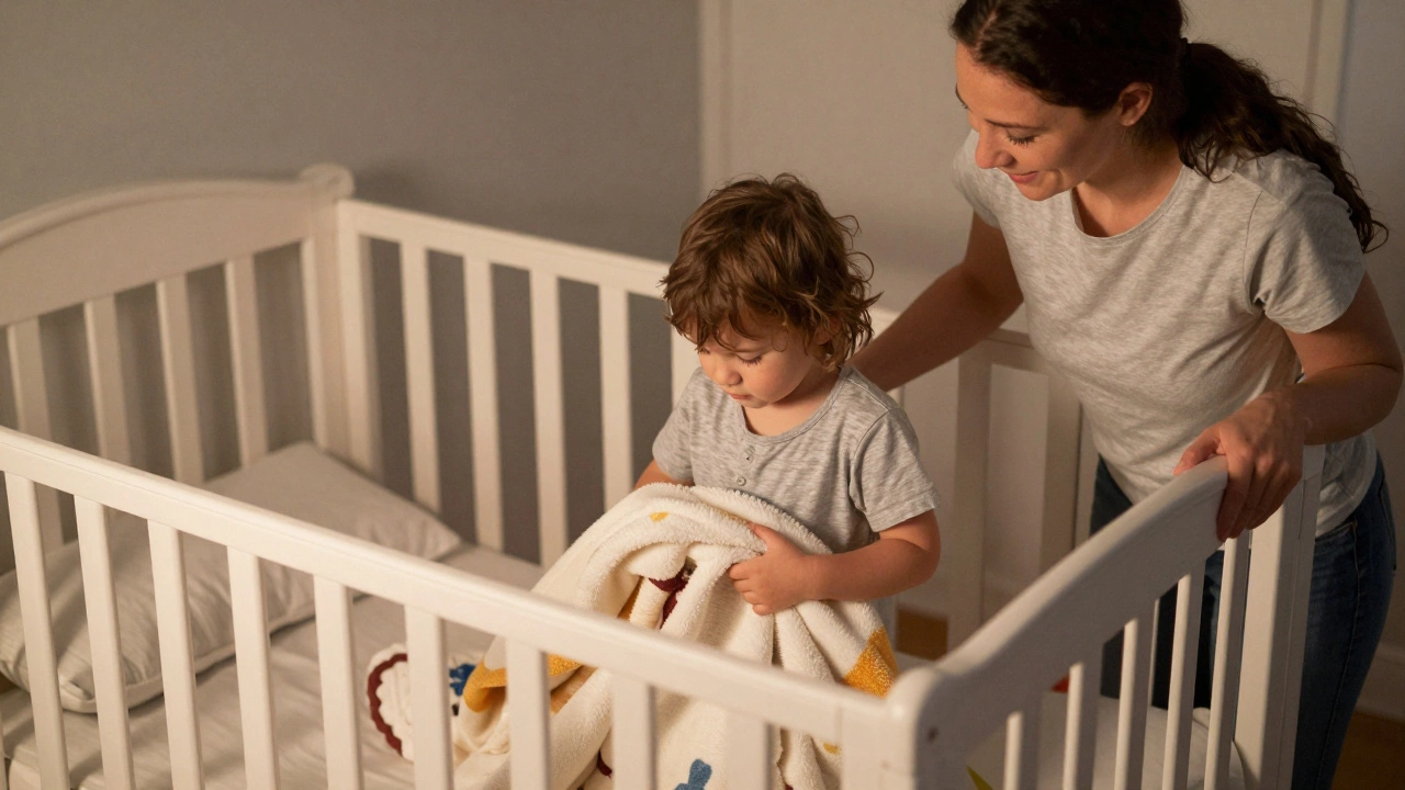 A child stepping from a crib into a toddler bed with guardrails, parent nearby offering reassurance.