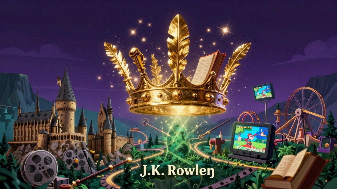 A magical crown composed of books, wands, and film reels radiating over a vast fantasy empire including theme parks and games.