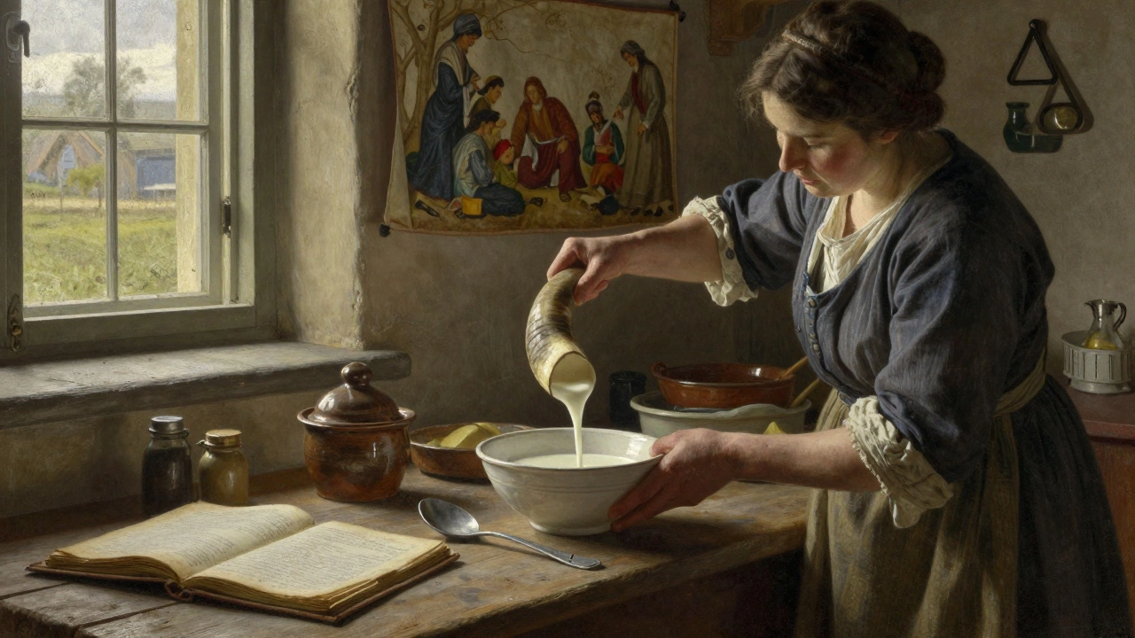 A mother feeding goat's milk from an animal horn in a rustic 19th-century kitchen.