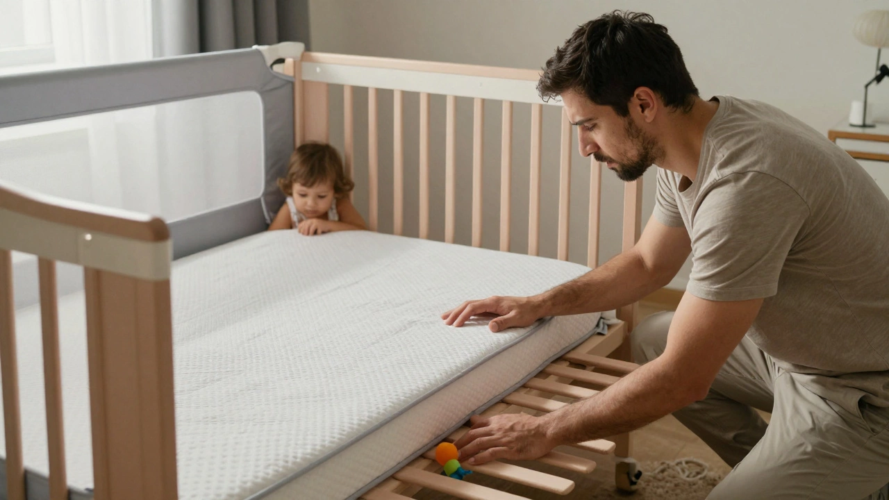 A parent adjusting a crib's mattress height to ensure safety before transitioning to a bed.