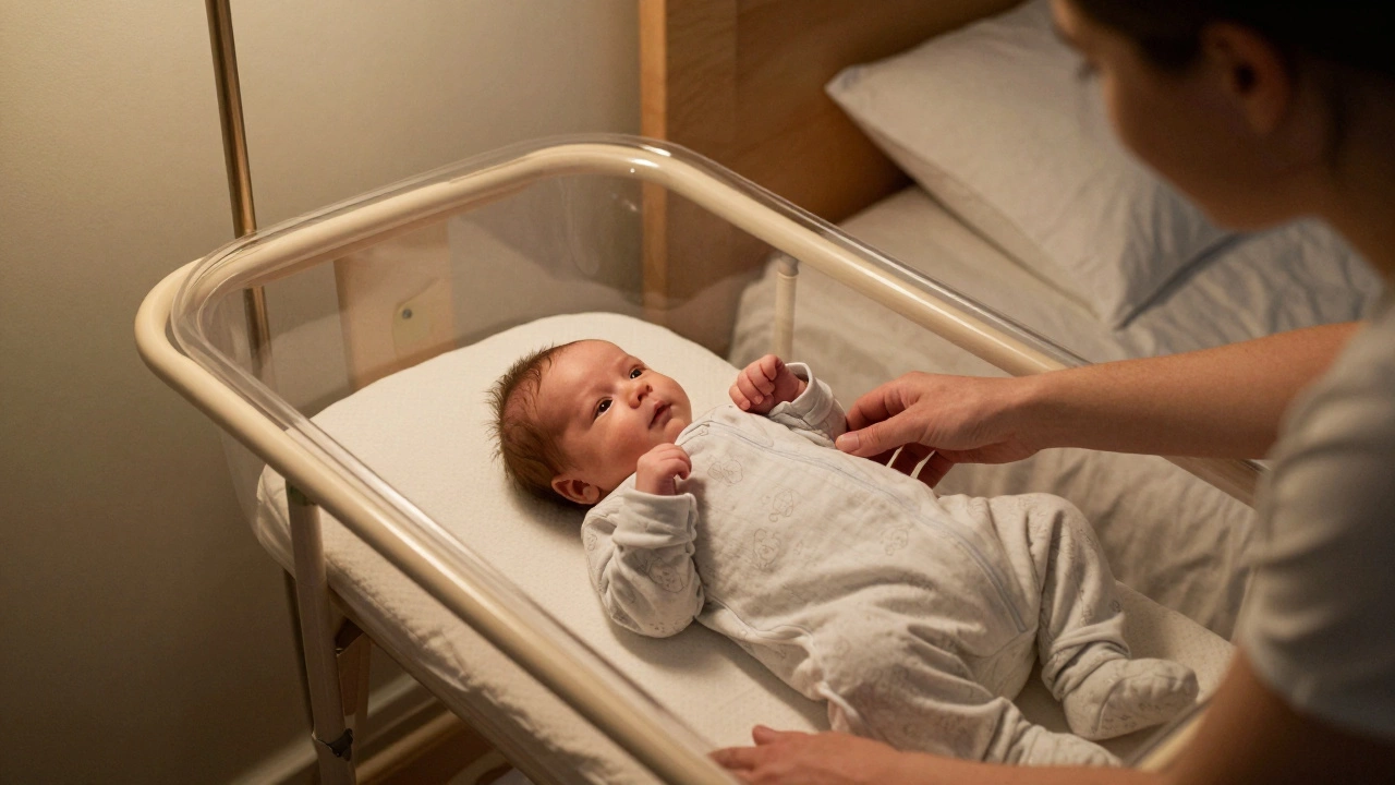 A parent places a newborn in a bassinet beside their bed, following safe room-sharing guidelines.