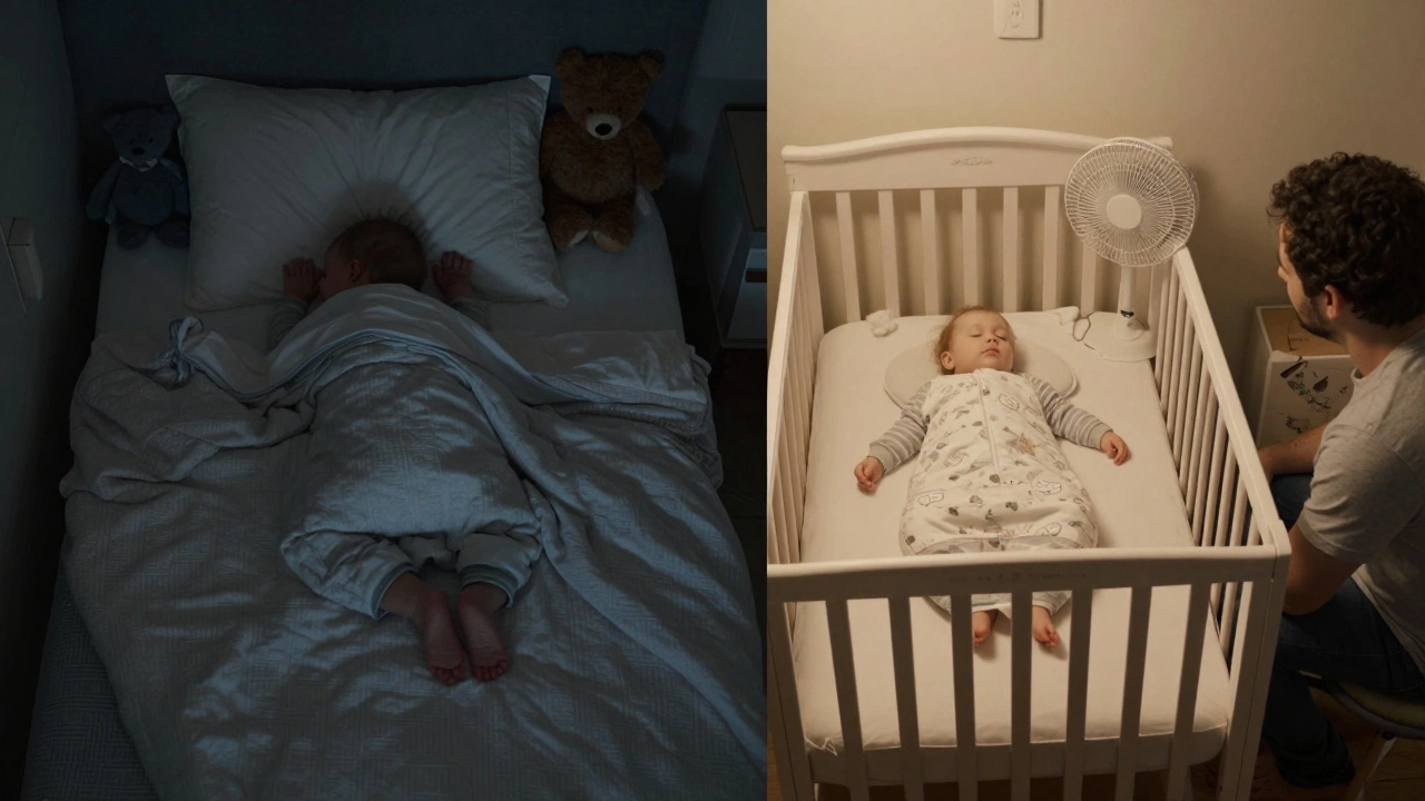 A side-by-side comparison of unsafe and safe baby sleep environments, highlighting SIDS prevention.