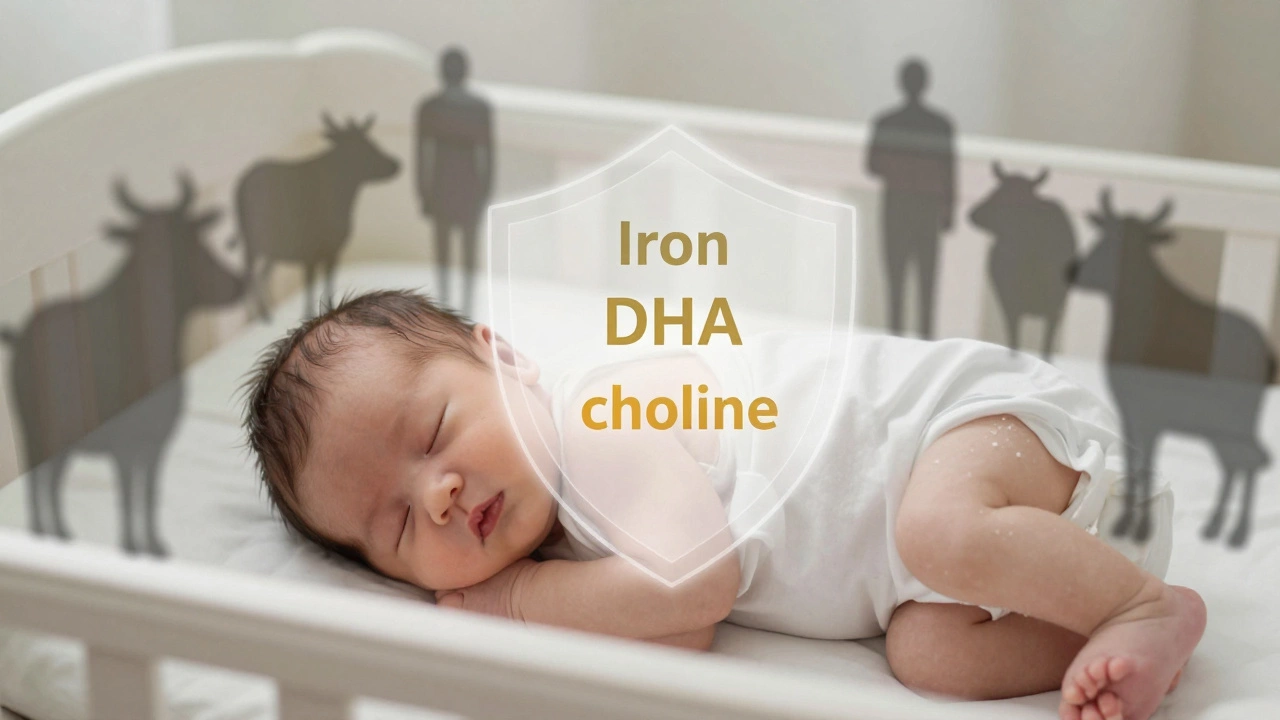 A sleeping newborn surrounded by a protective shield of essential nutrients, while harmful milks fade into darkness.