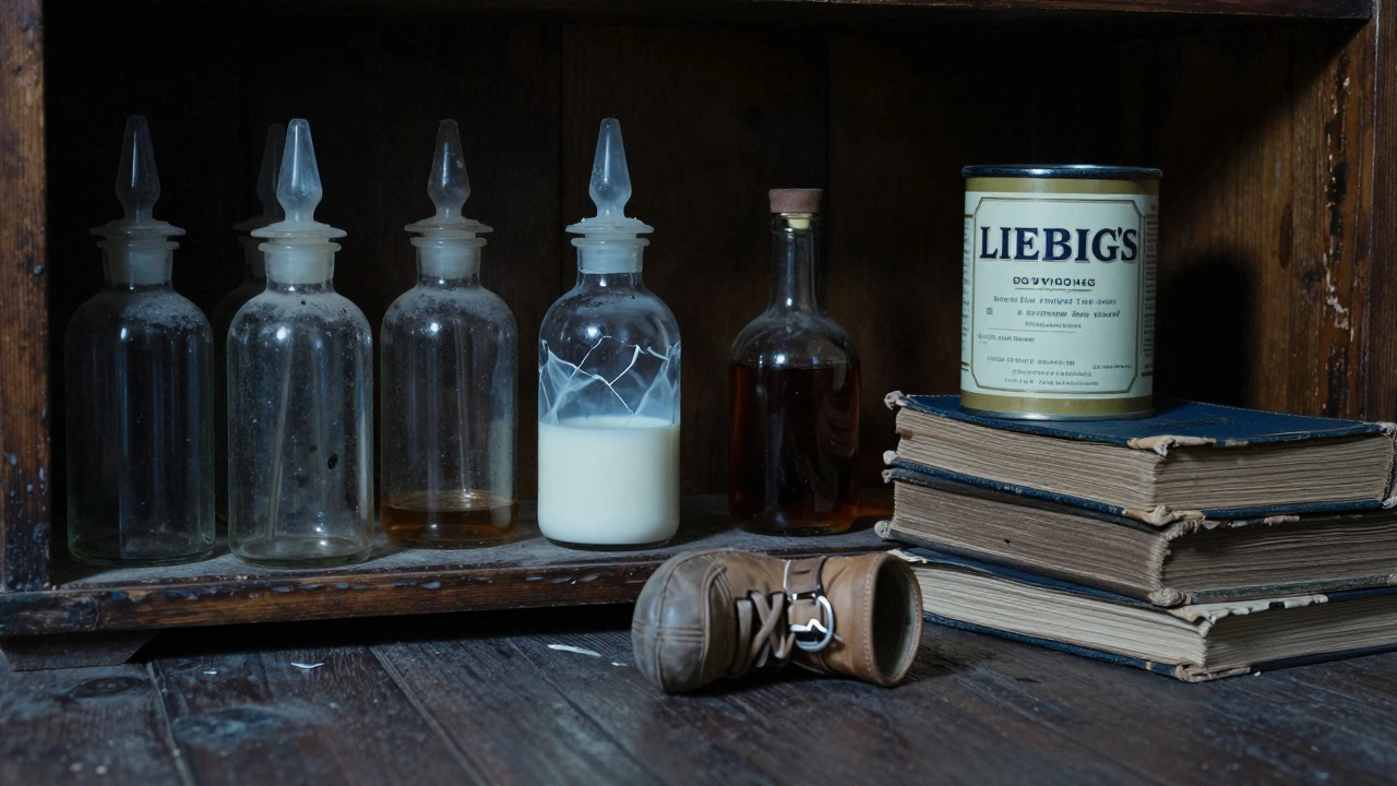 An old hospital shelf with contaminated baby bottles and early formula tins, one cracked.