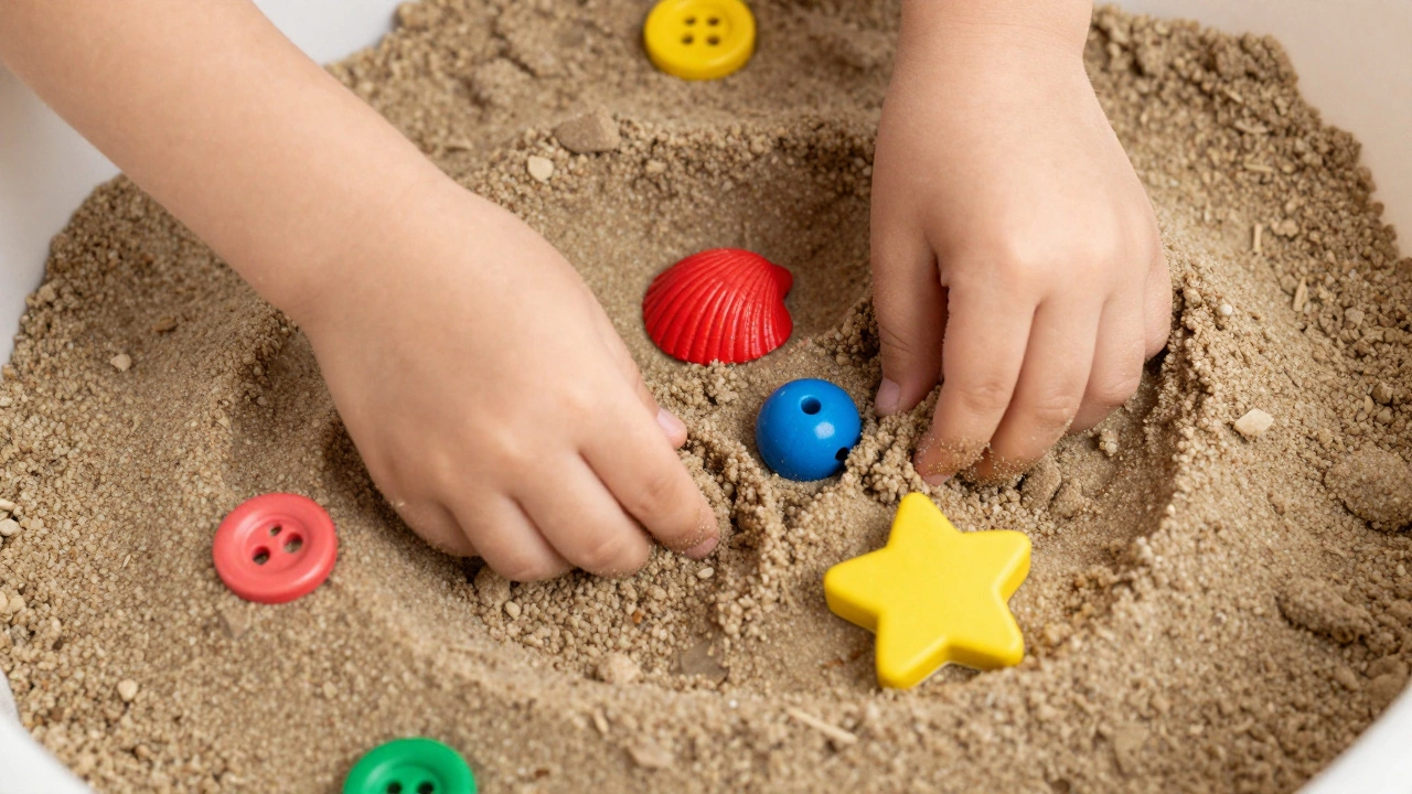 Child hands digging in a sensory bin filled with sand and small beads.