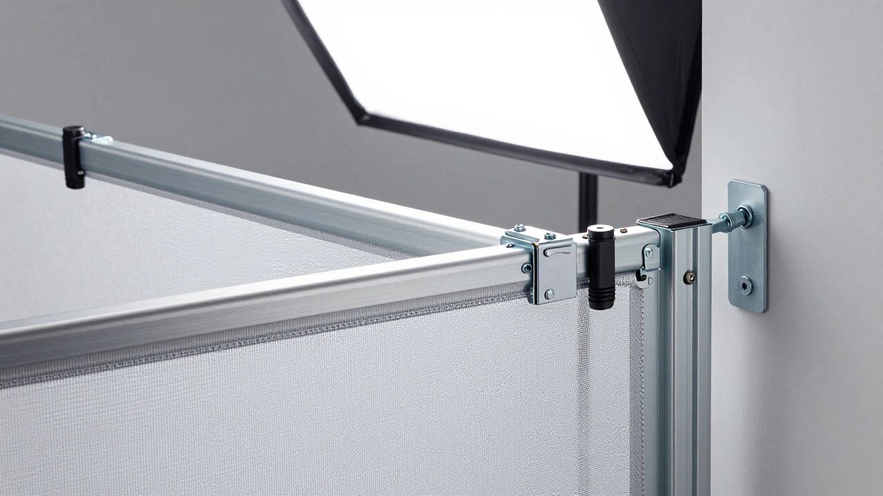 Close-up of mesh gate hardware mounting system