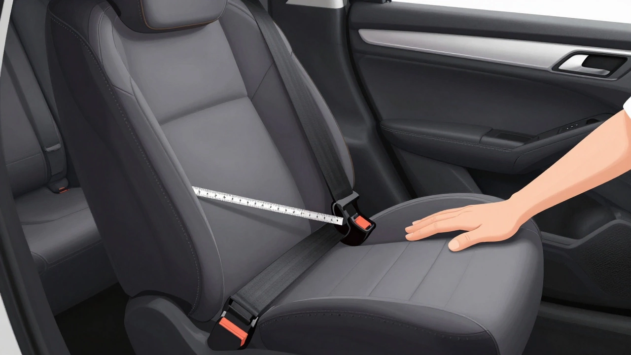 Hands pushing car seat to test stability, showing less than one inch of movement with LATCH and seat belt installed.