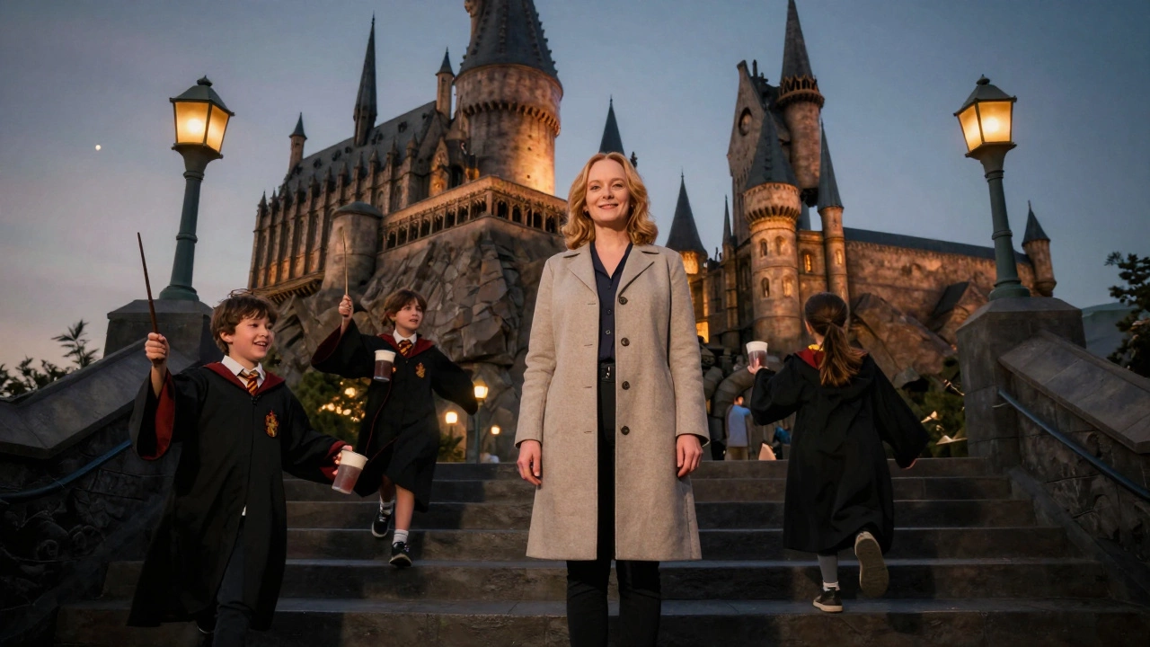 J.K. Rowling standing on a castle staircase as children in Hogwarts robes play around her under glowing twilight lanterns.