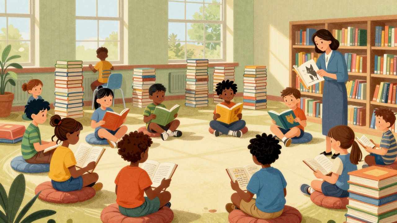 Library reading circle with diverse young students