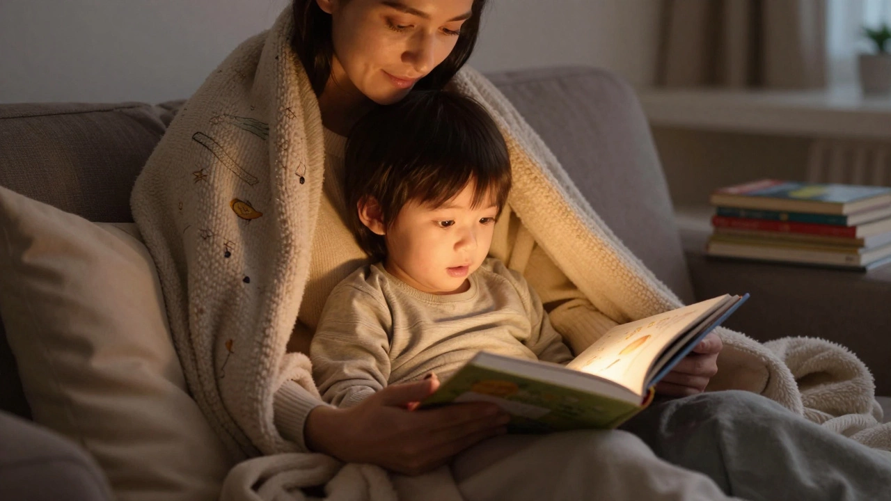 Parent and child reading together on couch