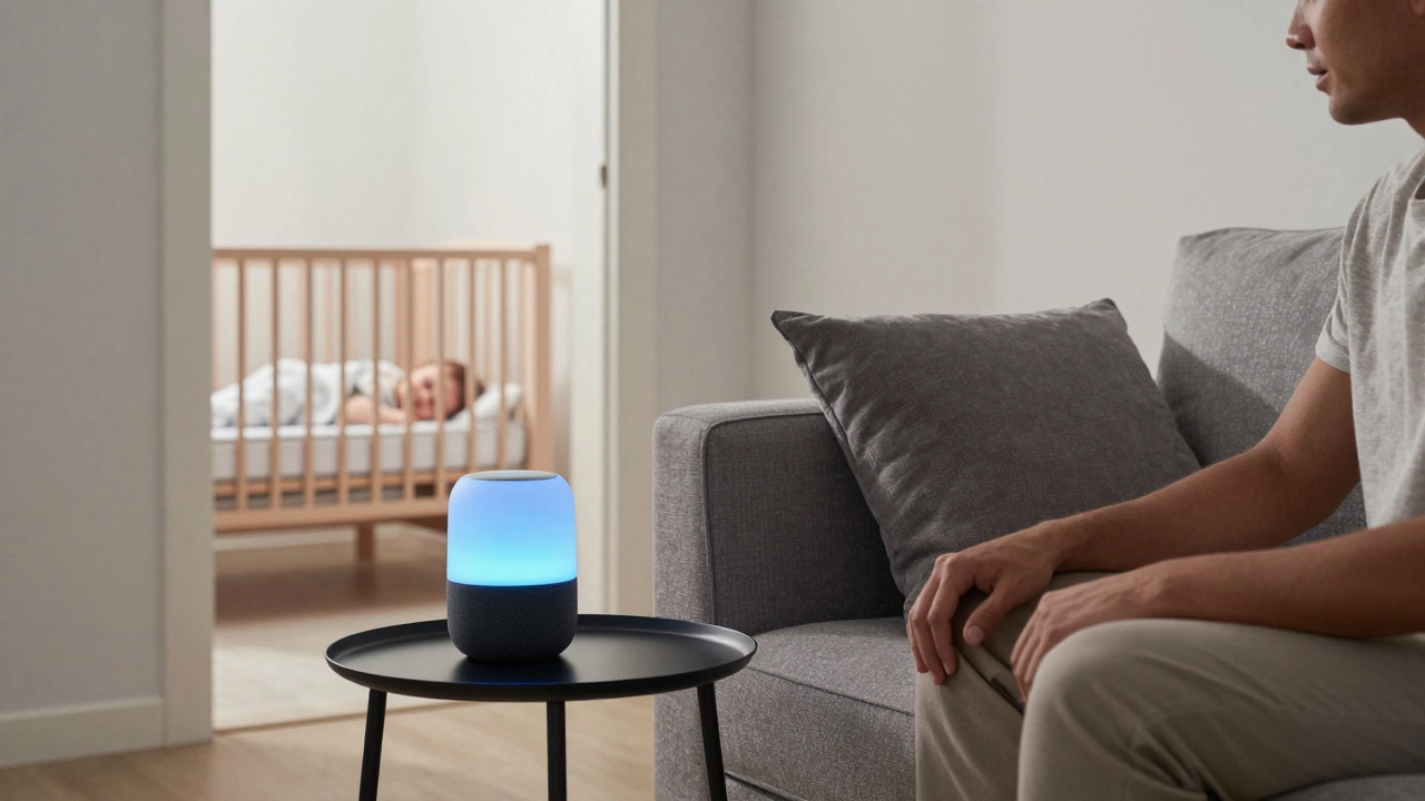 Parent using smart speaker to detect baby's cries, no video monitor or screen visible.