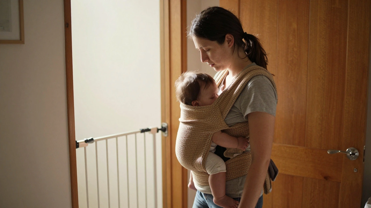 Parent wearing baby in sling during daytime, door slightly ajar in background.