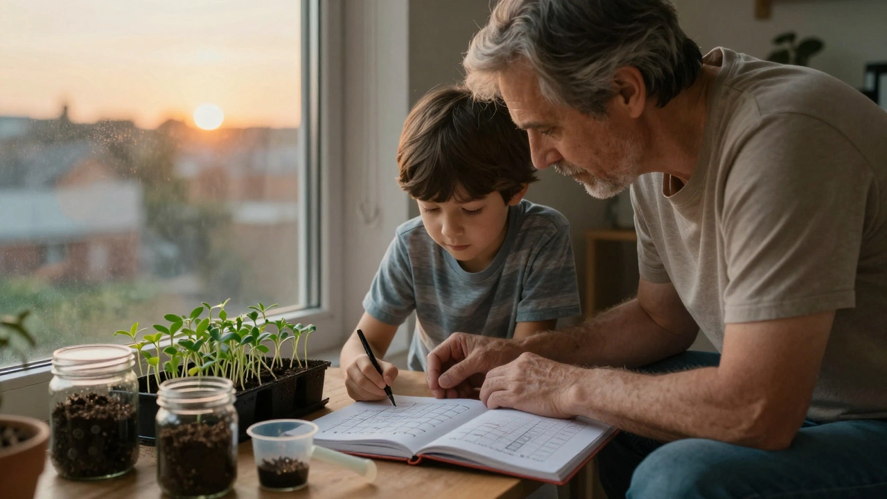 Siblings tending to seedlings from a plant science kit beside a windowsill garden.