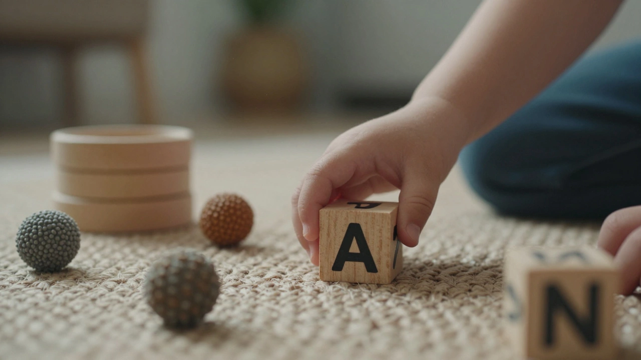 Small hands placing wooden alphabet blocks on a rug.