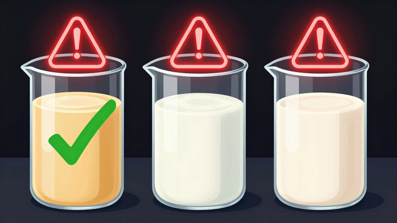 Three liquids side by side: infant formula with a green checkmark, cow’s milk and almond milk with red warning symbols.
