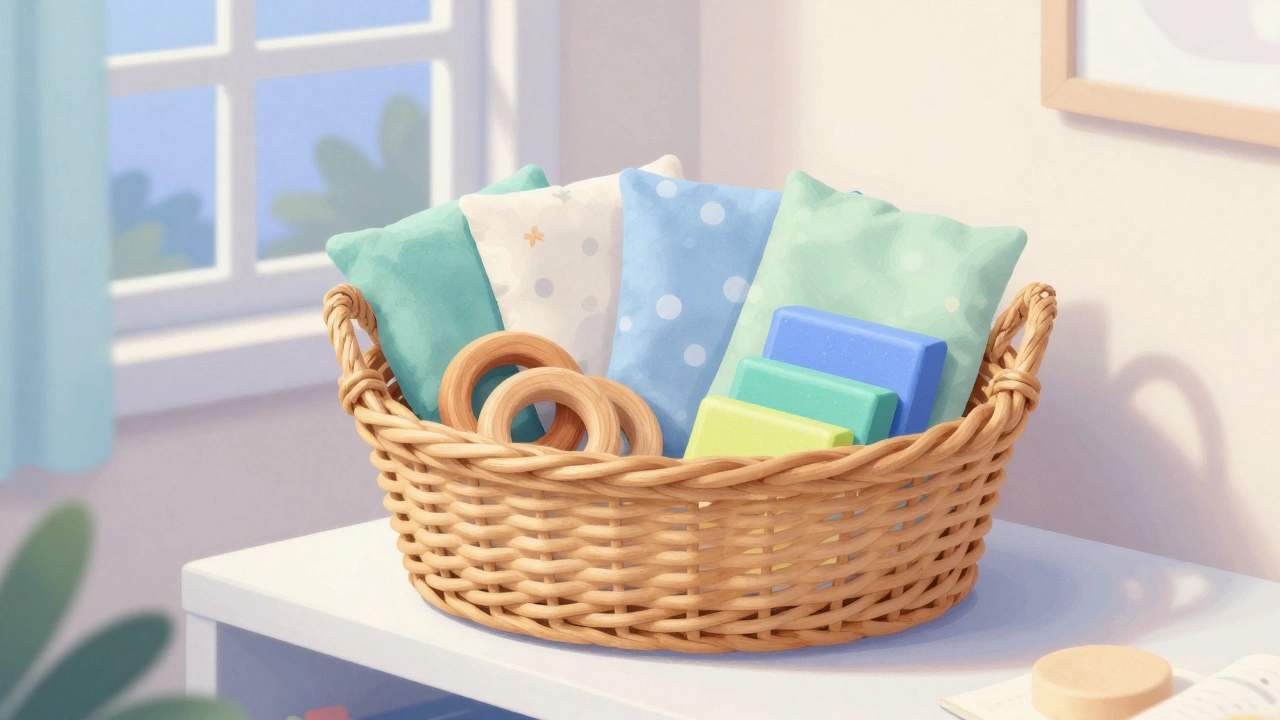 Woven basket containing organized calming tools on a nursery shelf.