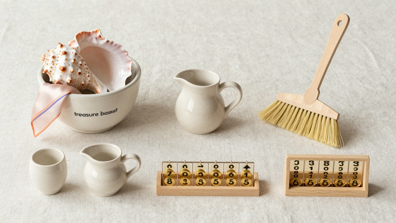 A collection of Montessori materials for different ages, including a treasure basket and golden beads.