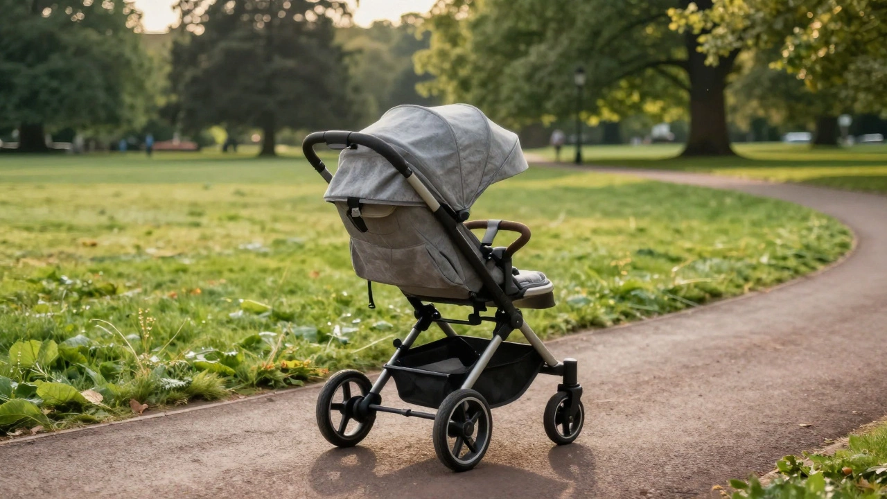 A full-sized pram with a large sun canopy on a paved path in a green park