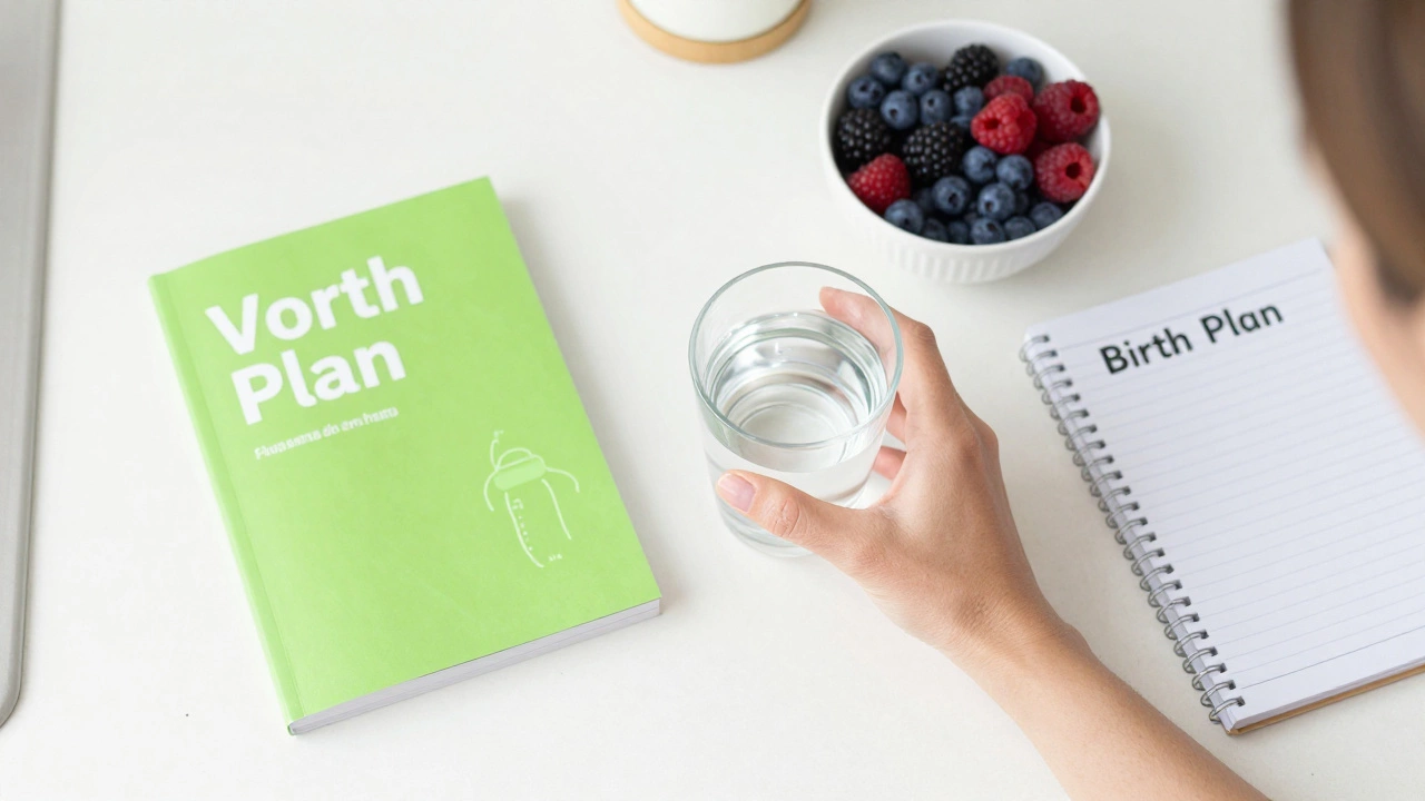 A glass of water and breastfeeding guide on a bright kitchen counter.
