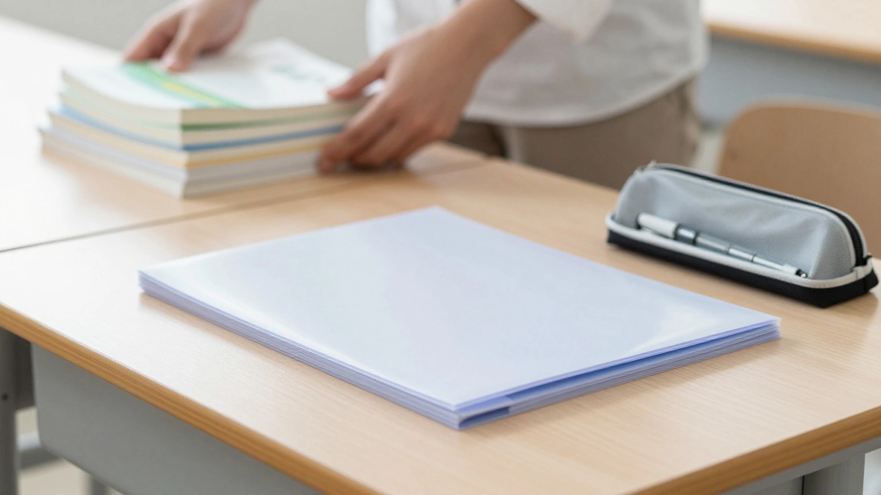 A neat school desk with only a folder and pencil pouch, showing a clutter-free environment