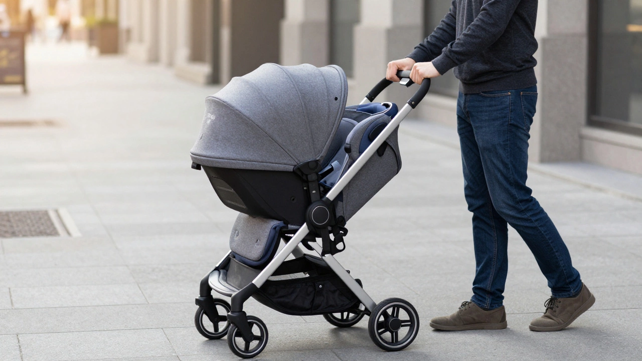 A parent clicking an infant car seat into a stroller frame on a sidewalk