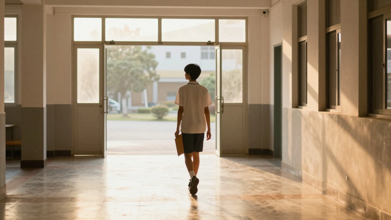 A student walking toward a bright exit with only a folder, symbolizing the start of summer