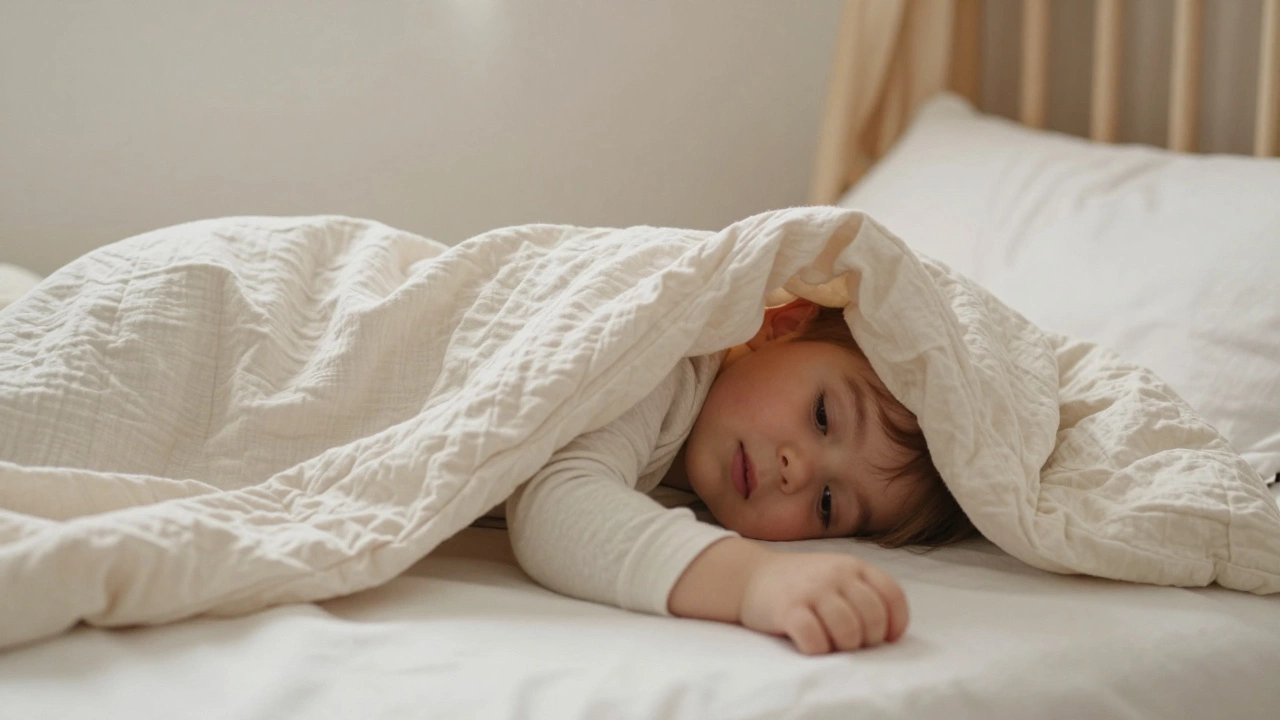 A toddler in pajamas sleeping comfortably with a light muslin blanket