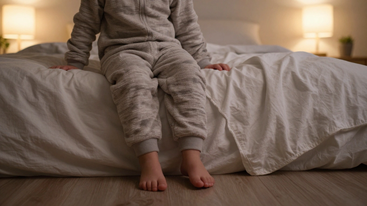 A toddler in warm flannel pajamas with a blanket kicked off the bed