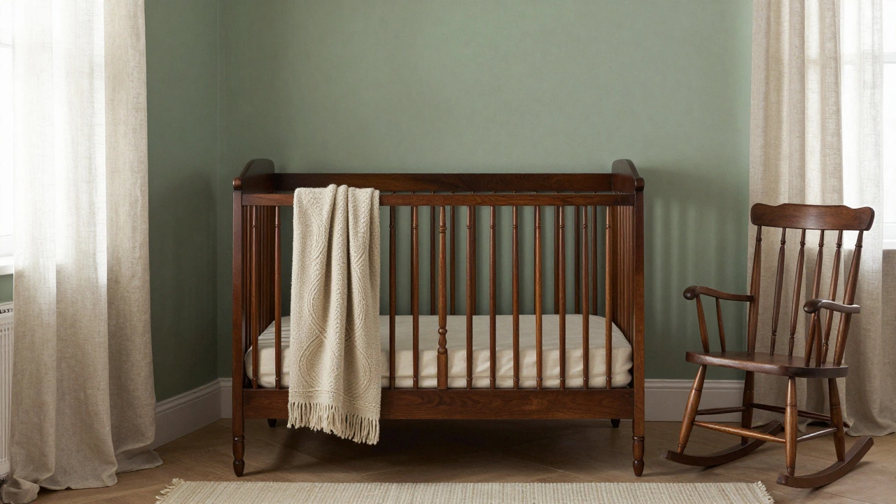 A vintage style nursery with a dark wood crib and sage green walls.