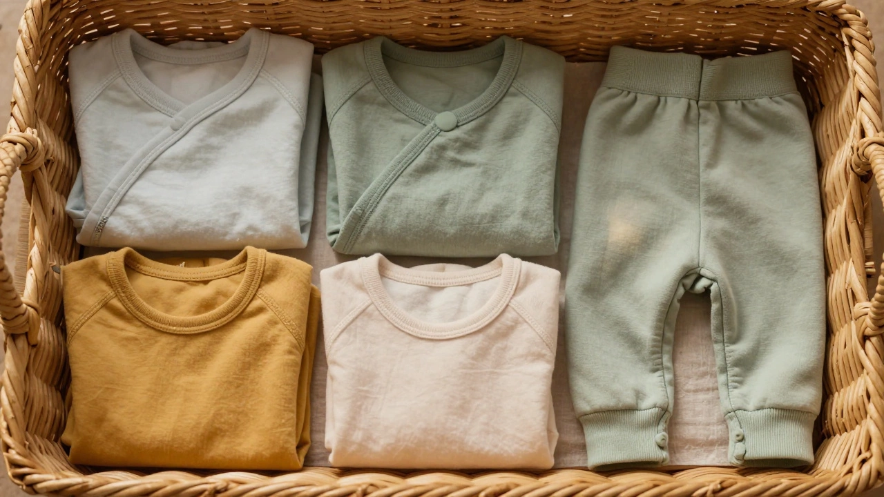 A wicker basket filled with folded 6-12 month baby clothes in earth tones.