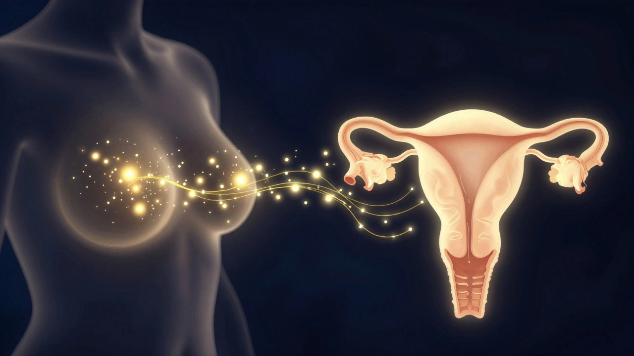 Abstract illustration of oxytocin flowing from the breast to the uterus.