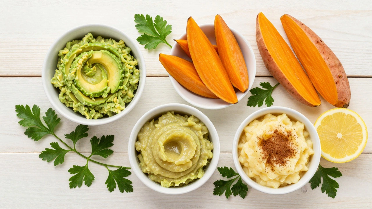 Assortment of natural, salt-free baby foods like avocado and sweet potato
