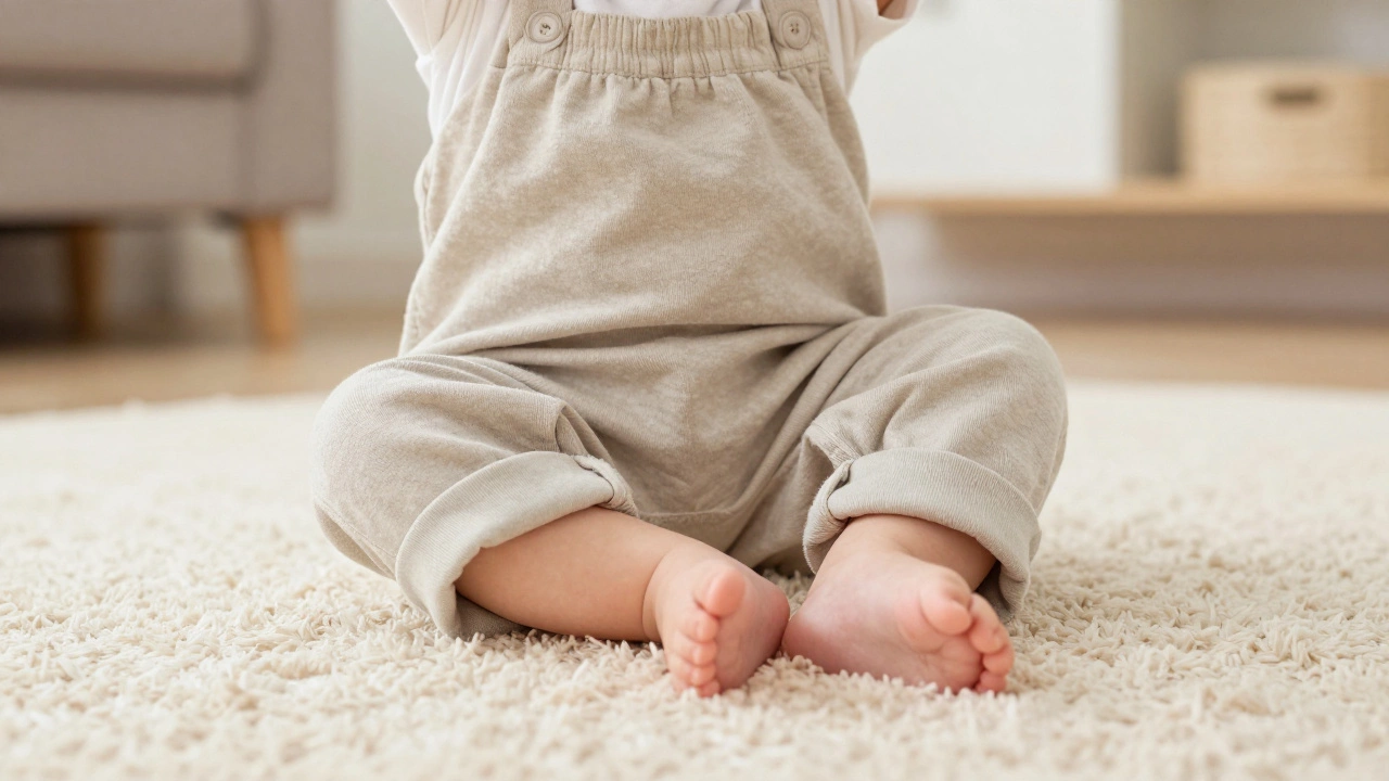 Close-up of a baby wearing oversized trousers with rolled-up cuffs on a rug.