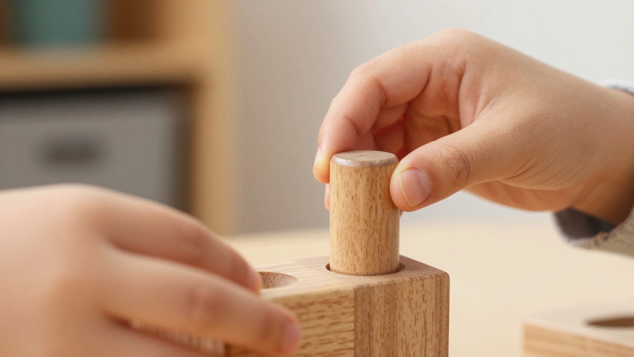 Close-up of a child's hands using a wooden cylinder block to learn through trial and error.