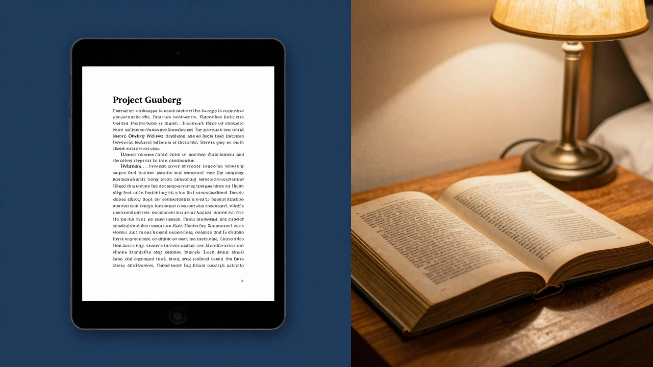 Comparison of a digital ebook on a tablet and a physical hardcover book on a nightstand