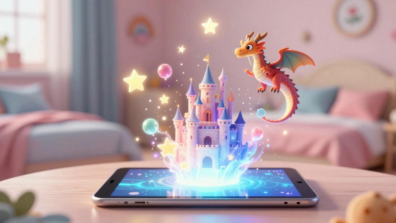 Magical 3D story elements emerging from a tablet screen in a child's bedroom