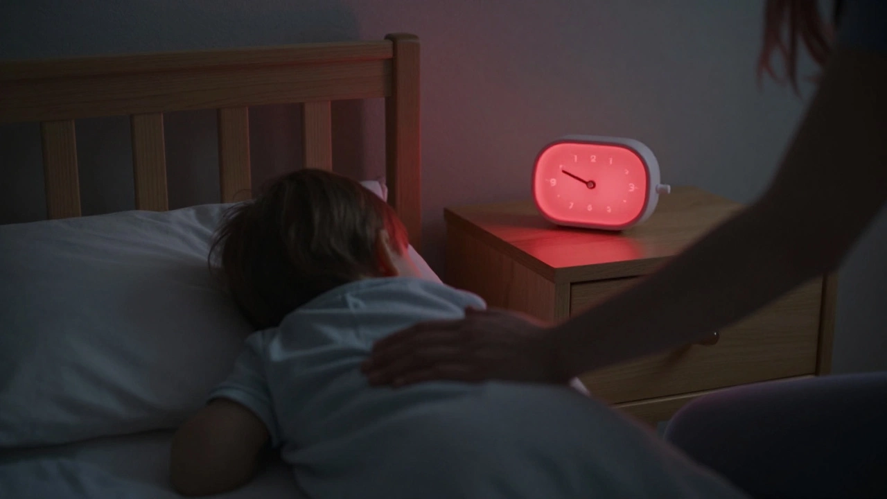 Parent guiding a child back to bed with a red sleep trainer clock